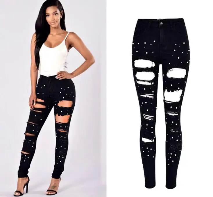 

Winter High Waist Boyfriend Ripped Jeans For Women Mom Jeans Plus Size Black Pearl Pencil Denim Skinny Jeans Woman Trousers