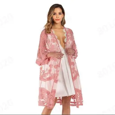 Women Loose Tunic Long Sleeve Beach Dress Lace See Through Swim Cover Up Bikini Pareo Bathing Suit trajes de baño pareos cape | Женская