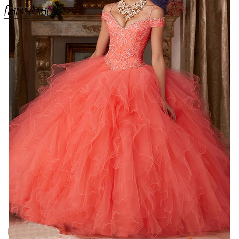 Женское платье с открытыми плечами Fanshao кораллового цвета V-образным вырезом