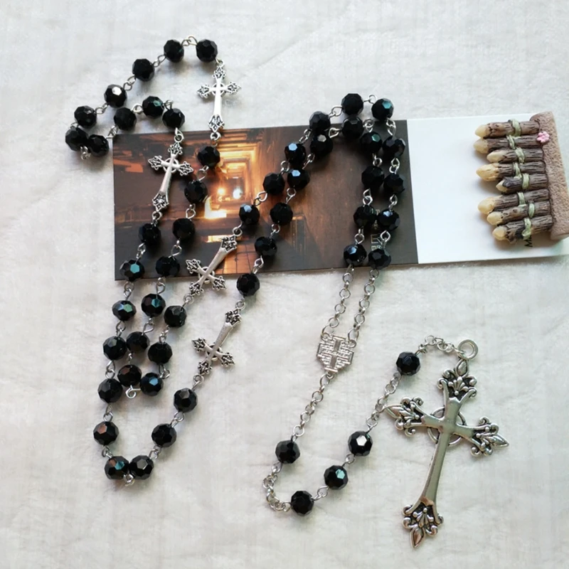 Buy Religious Jewelry Black Crystal Rosary Long Necklace Creative Vintage Cross Pendant Durable Alloy Gifts for Teens Girls on