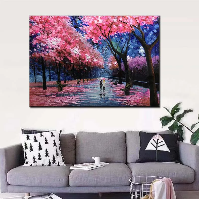 

Hand Painted Abstract Pink Forest Landscape Palette Knife Canvas Oil Painting Living Room Home Wall Art Decoration Drop Shipping