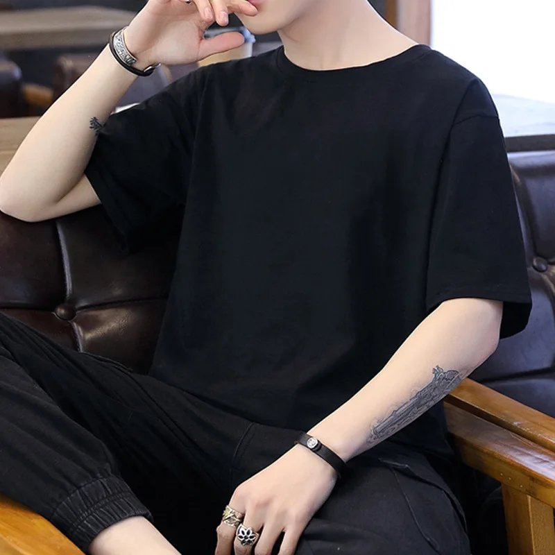 

2021 summer new men's compassionate loose solid color white t half-sleeved men's cotton short-sleeved t-shirt for men