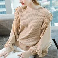 summer clothes for women 2021 new fashion elegant knitted bottoming shirt loose fitting blouse long sleeve round neck ruffle top