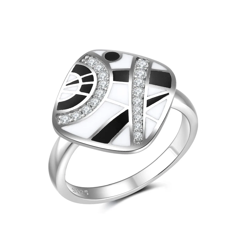 

OGULEE 925 Silver Ring for Women Black White Enamel Pattern Classic Square Ringwith Stones Cubic Zirconia Elegant Femme Bijoux