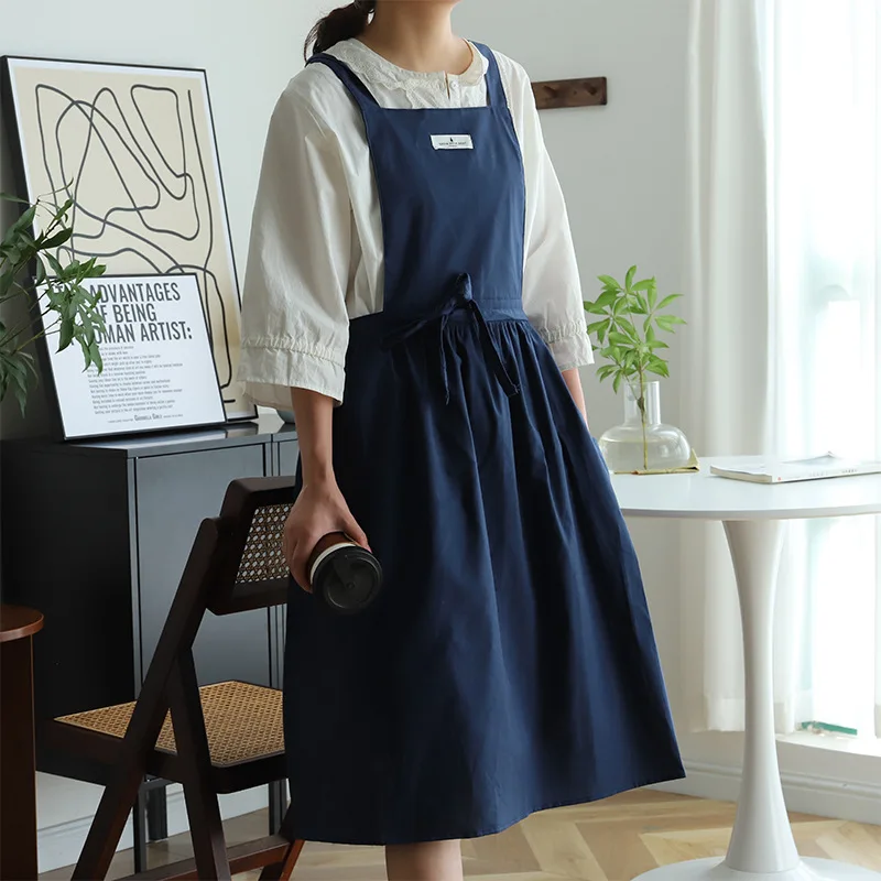 

Korean Apron Kitchen Navy Grey Army Green Cotton Pleated Waterproof Dress Aprons for Women Baking Cooking Coffee Shop Accessorie
