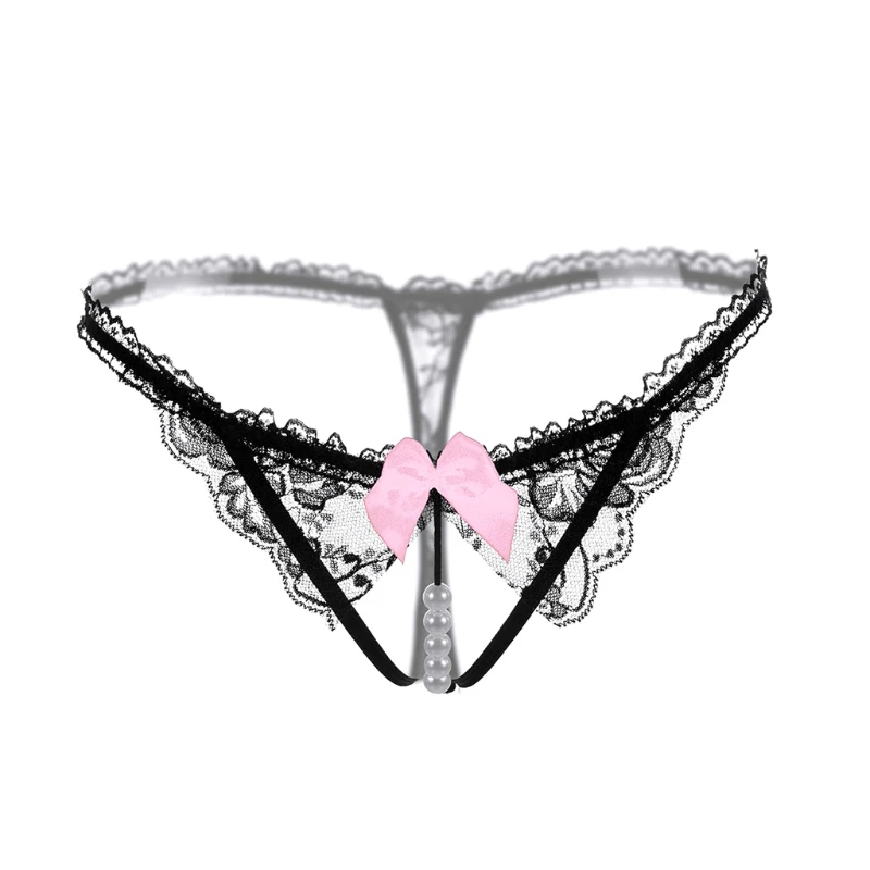

U90E Women's Lace Thong Panties Pierced Sexy Intimates Lingerie Pearl Massage G-String Underwear