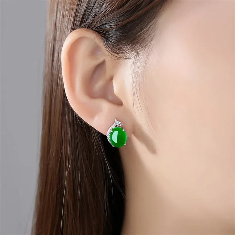 

Natural Green Chalcedony Hand Carved Round Ear Set Fashion Jewelry 925 Silver Inlaid Green Agate Earrings