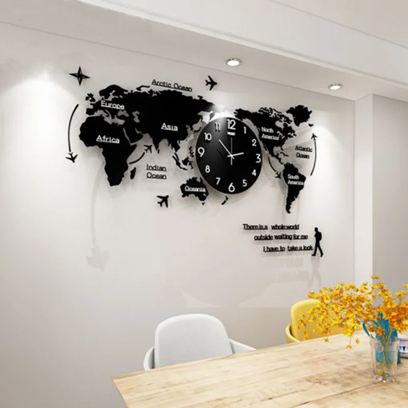 

World Map Wall Clock Nordic Modern Minimalist Decoration Acrylic for Home Bedroom Office A1
