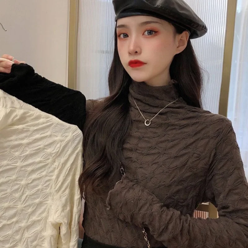 

Spring Autumn New Turtleneck Shirts Women Long Sleeve Folds Blouses Korean Fashion Coffee T-shirts Elegant Ladies Tops Slim Tees