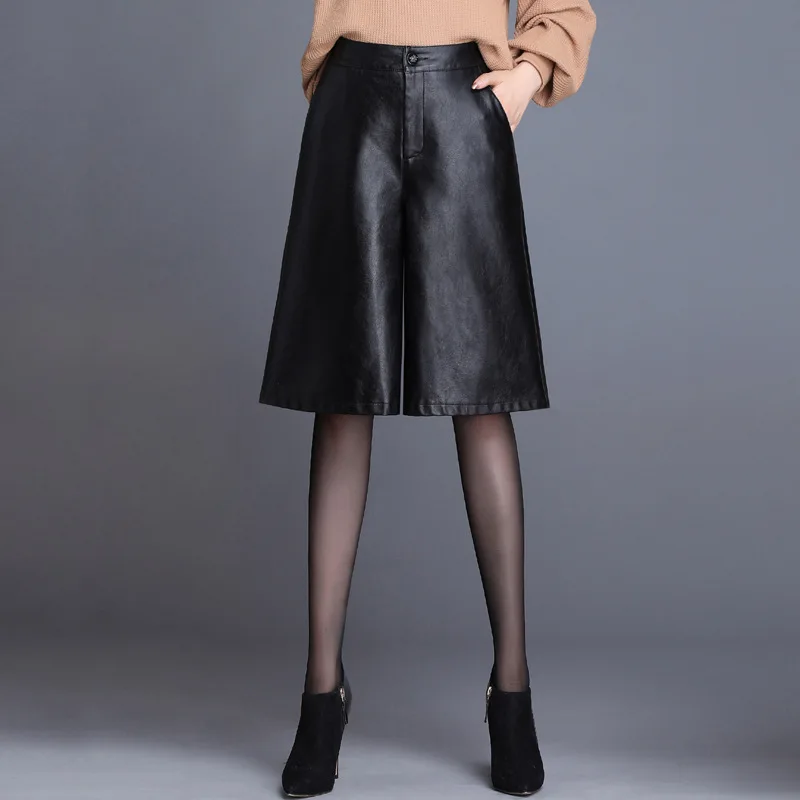 

Loose Plus Size 2021 New Autumn Winter Black PU Faux Leather Women Half Pants High Waist Wide Leg Pants Vintage Loose Trousers