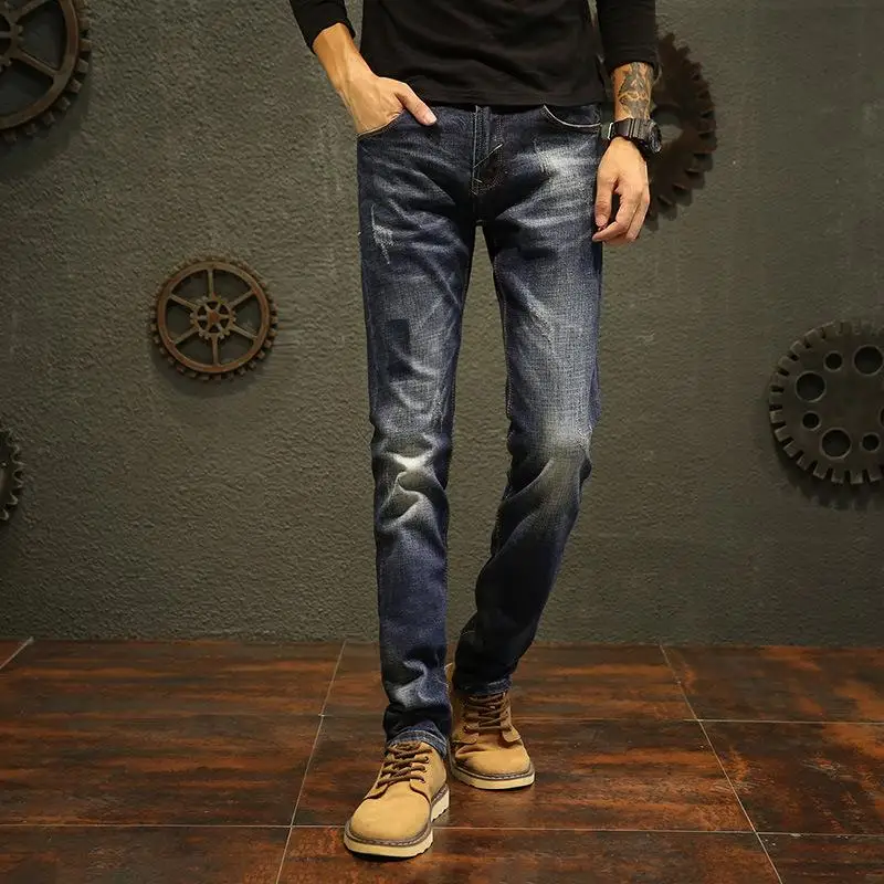 

New Arrivals Men's Vintage Embroidered Stretch Jeans Slim Fit Denim Pants Biker Trousers