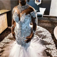 sheer mesh top lace mermaid wedding dresses 2022tulle lace applique beaded crystals long sleeves wedding bridal gowns with detac