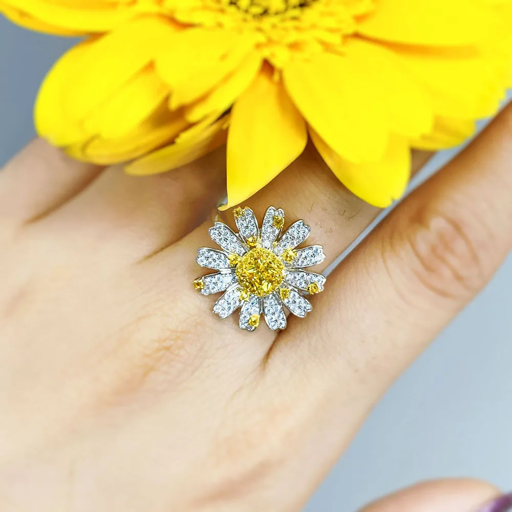 

New 925 Sterling Silver Sunlight Daisy Topaz Gemstone Rings For Women Cocktail Wedding Diamond Bands Fine Jewelry Gift