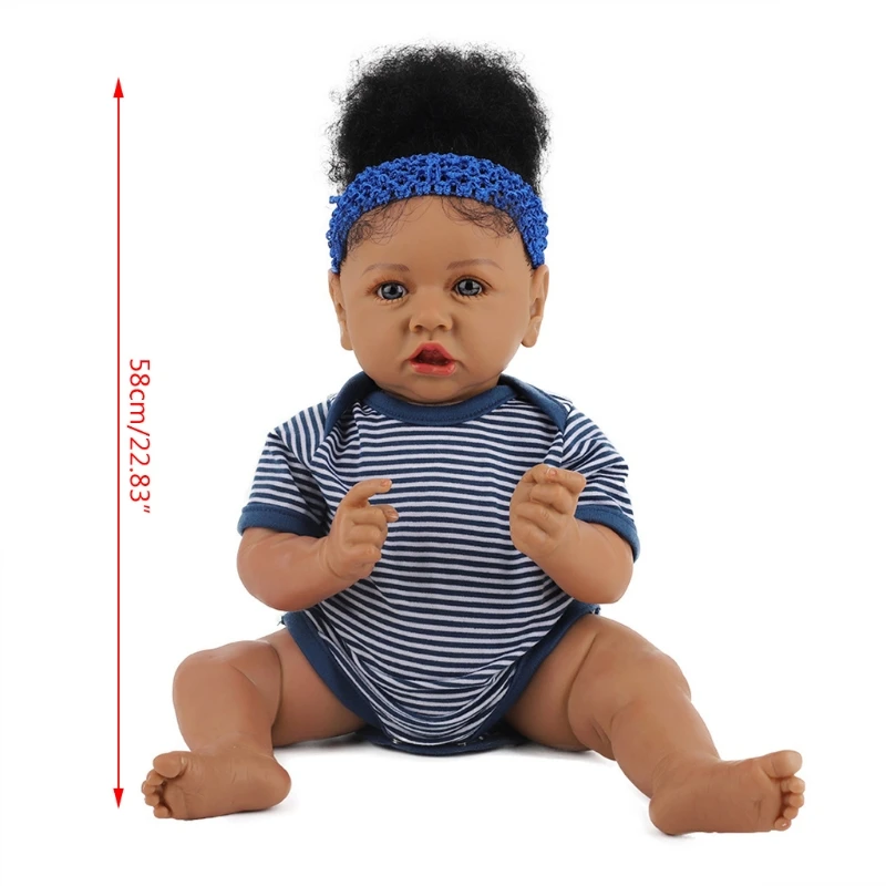

23inch African Doll Rebirth Doll Washable Simulation Baby Silicone with Realistic Black Hair, Newborn Toddler Gift