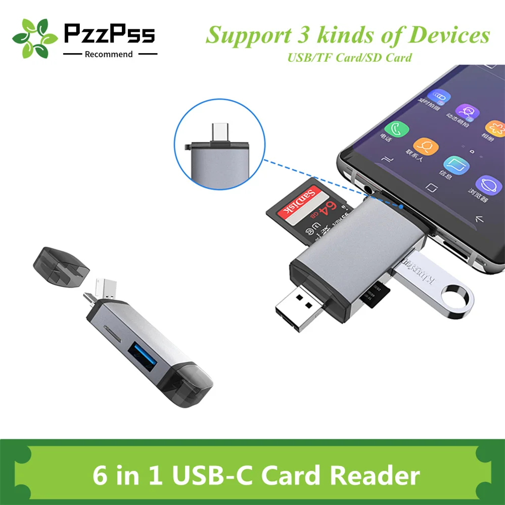 Кардридеры PzzPss OTG 6 в 1 устройство для чтения карт памяти USB Type-C/MicroUSB/USB2.0/TF/SD