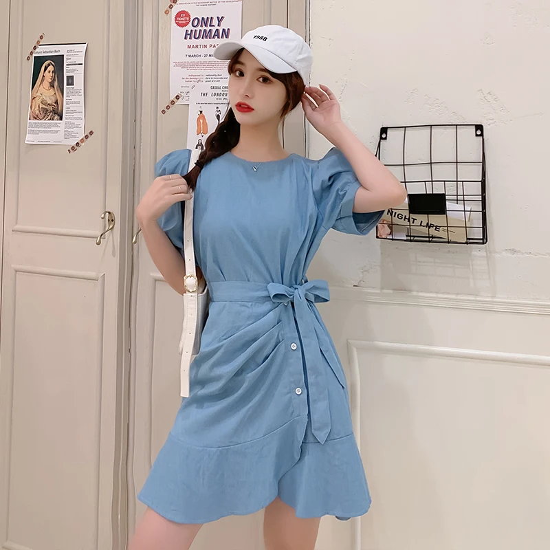 

French Puff Sleeve Dress 2020 New Korean Style of the Waist Tie Irregularly Washed Denim Dresses Female Summer