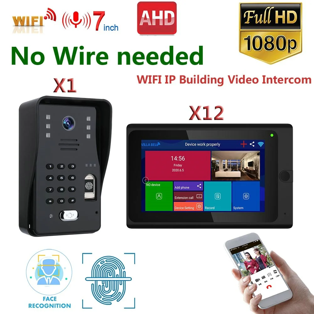 Video Intercom Systems 9/10/12/16/20/30 apartments 7 inch Wifi Video Door Phone System HD 1080P Doorbell Camera 500 Fingerprints