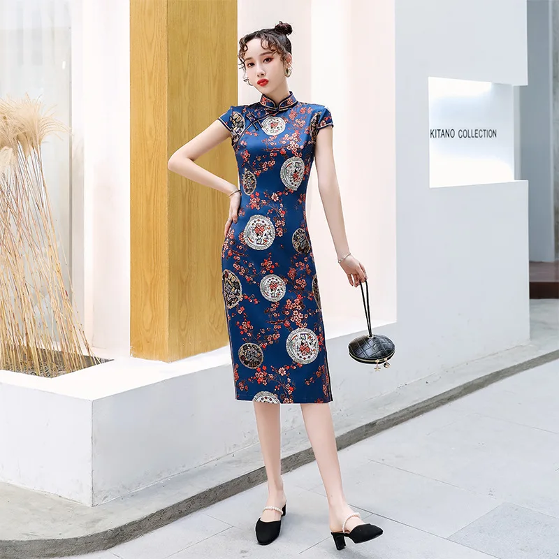 

Women Classic Chinese Ladies Evening Dress Traditional Plum Printed Cheongsam Vintage Mandarin Collar Satin Qipao