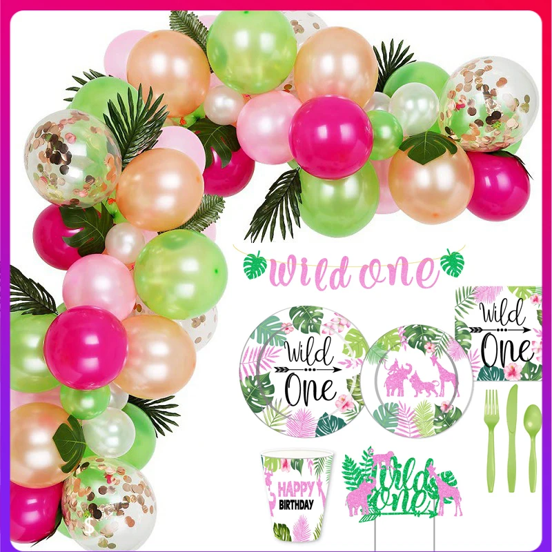 

Girl Wild ONE Birthday Party Beautiful Pink Pastel Suit DIY Jungle Zoo Theme Party Decoration Suitable for Baby Girl Birthday