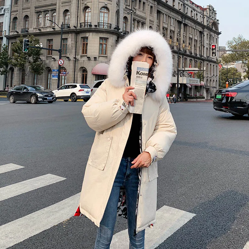 QIHUANG Двусторонняя одежда женское зимнее пальто с капюшоном и меховым воротником