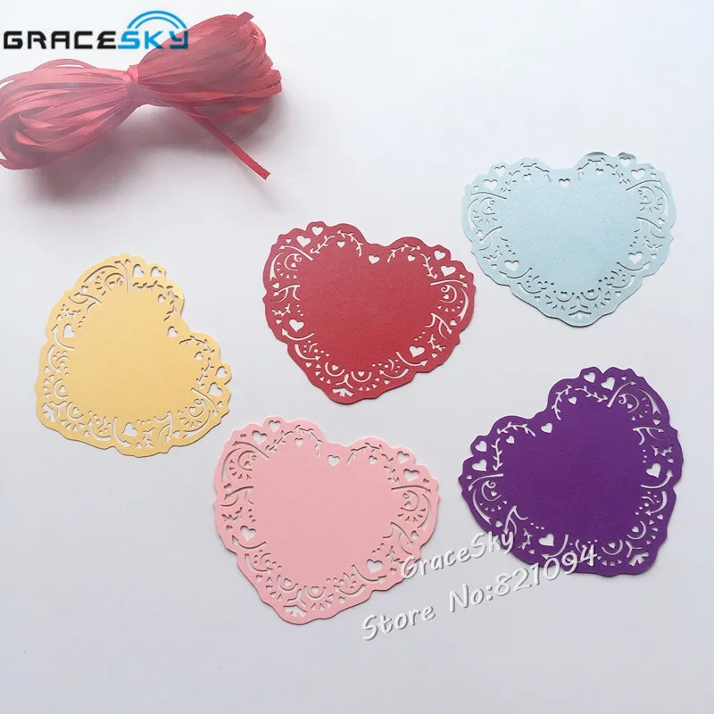 

50pcs free shipping Laser Cut Love Heart Lace design Wish Cards Hang Tag Message Cards Wedding Party Decoration Book Marks
