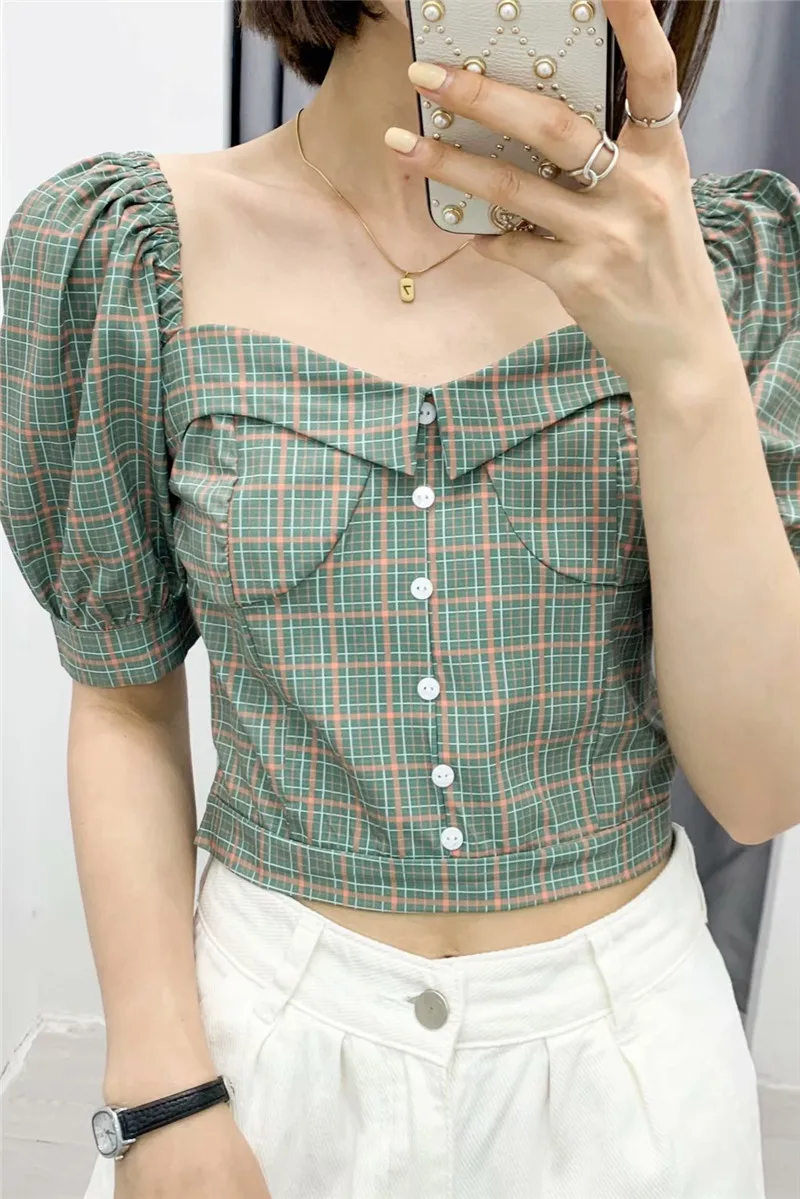 

Sexy New Summer Green Plaid Short Shirts Women Elegant Puff Sleeve Slim Cropped Tops Female Retro Vintage Blouse Sweet Blusas