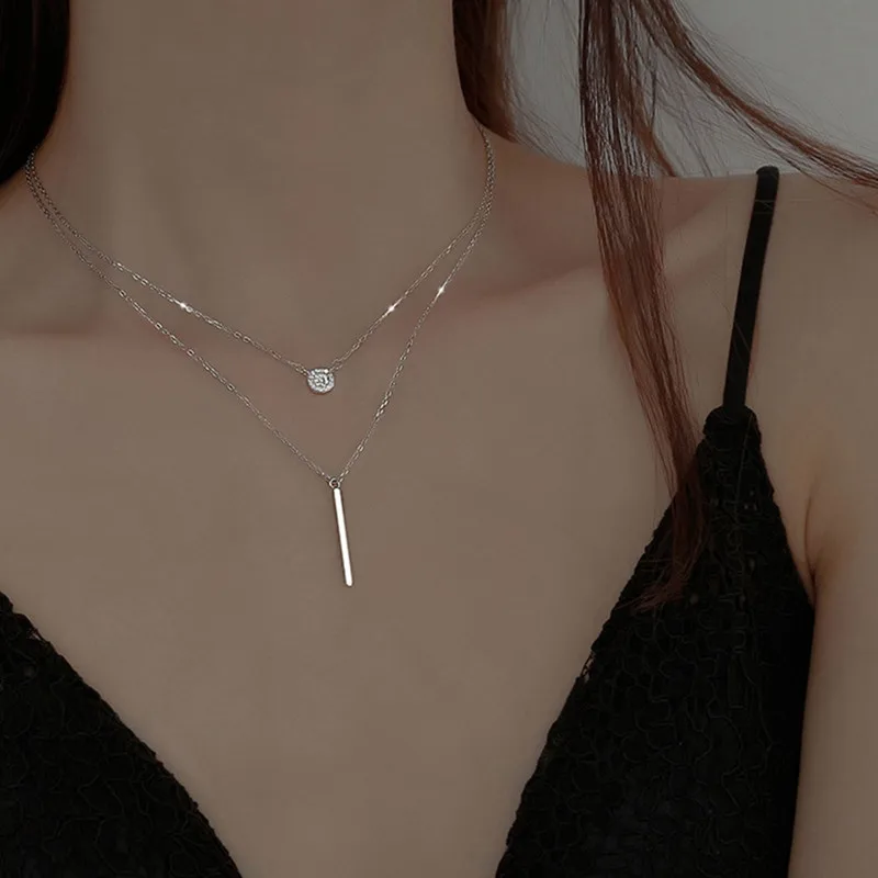 

Silver Color Double Layer Chain Necklace Round Shiny Full Zircon Long Pendant Choker Necklace Gift for Girl Fashion Accessories