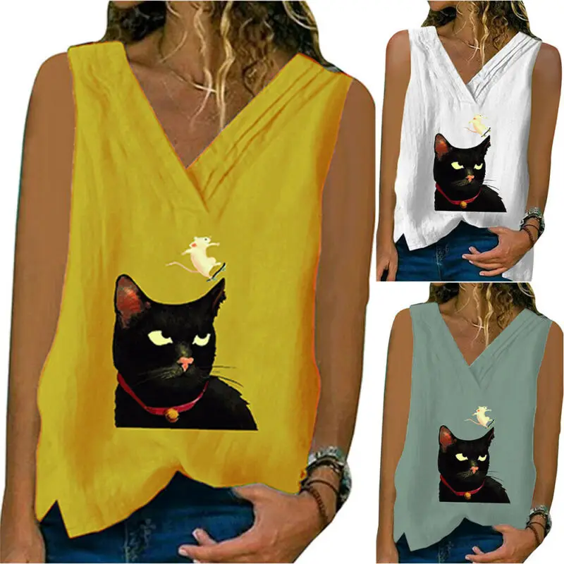 

Summer Tops Women's t Shirt V Neck Linen Sleeveless Vest Tank Tops Printed Loose Tee t Shirts Women Clothing Harajuk t Shirt