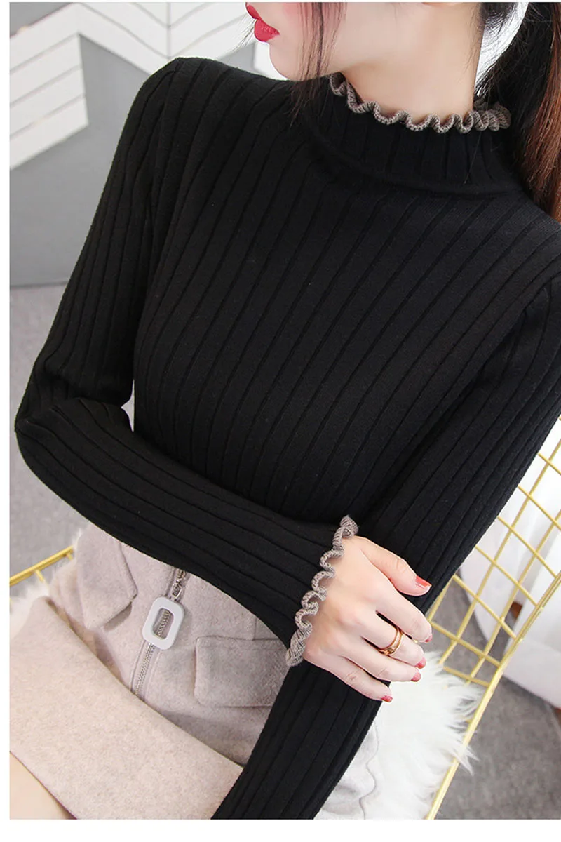 Sweater female autumn and winter new tight-fitting slim pleated collar pullover head solid color wild bottoming sweater women | Женская
