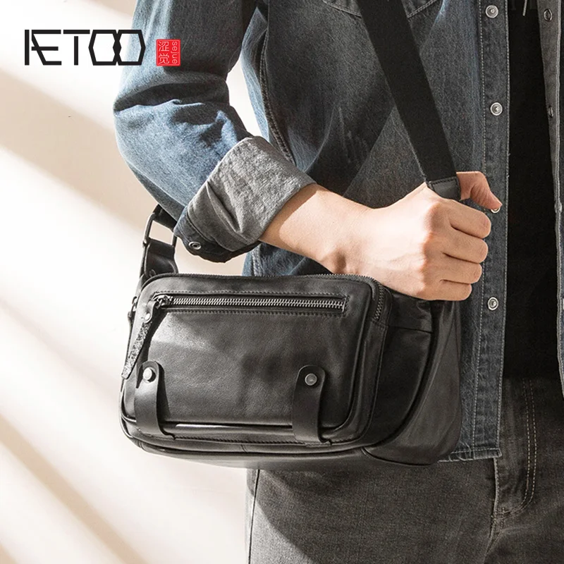 AETOO Leather men's sloping bag high-capacity head-layer cowhide fashion locomotive shoulder hundred with street |