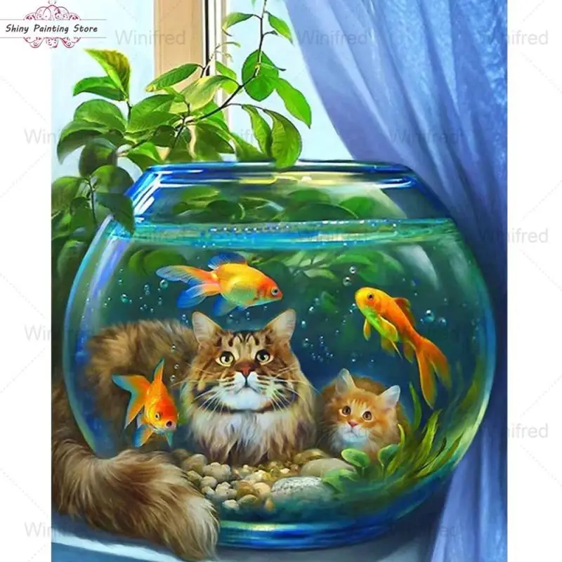 

5D DIY Diamond Embroidery Cat Fish Tank Cartoon Animal Diamond Painting Full Square Round Drill Cross Stitch Kit Home Decor Gift