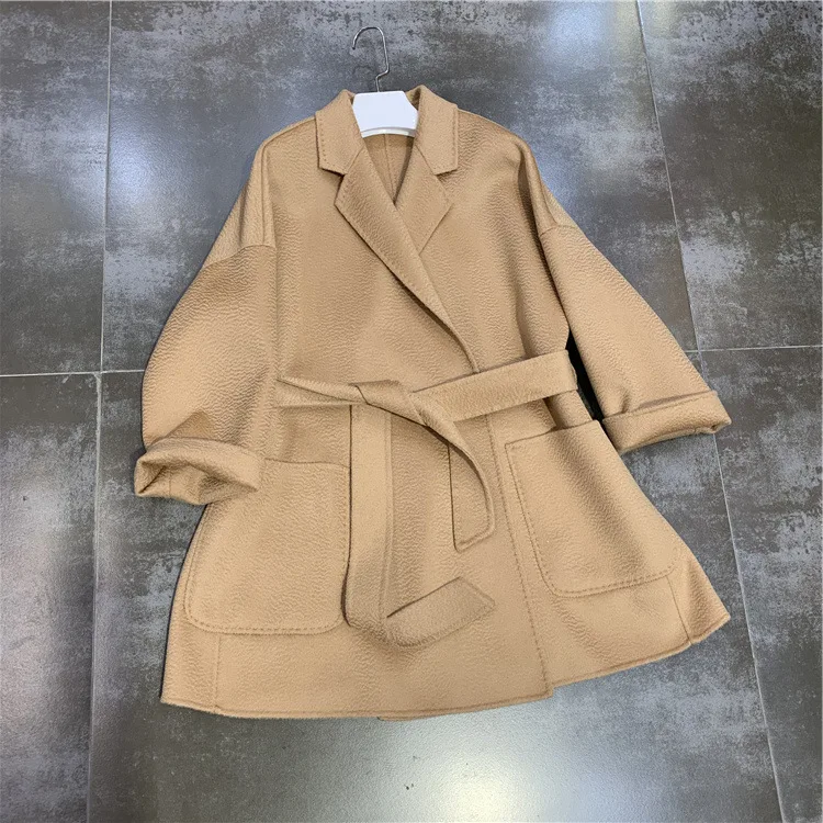 

winter casual coat Simple style elegant female coat water ripple double-sided woolen coat women's new cashmere coat with laces