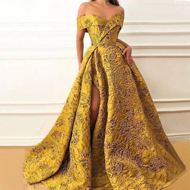 

Gold Muslim Evening Dresses A-line Off The Shoulder Lace Slit Dubai Saudi Arabic Long Formal Evening Gown Prom Dress