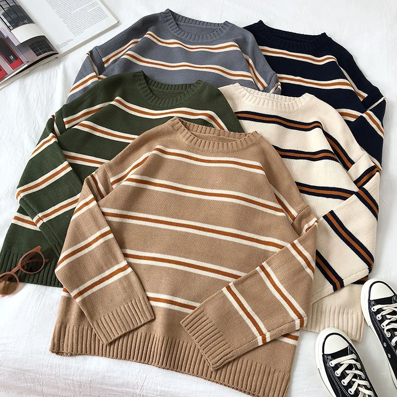 

Autumn Women Striped Knitted Sweaters Round Neck Long Sleeve Korean Casual Vintage Pullovers Sueter Mujer Tops Female