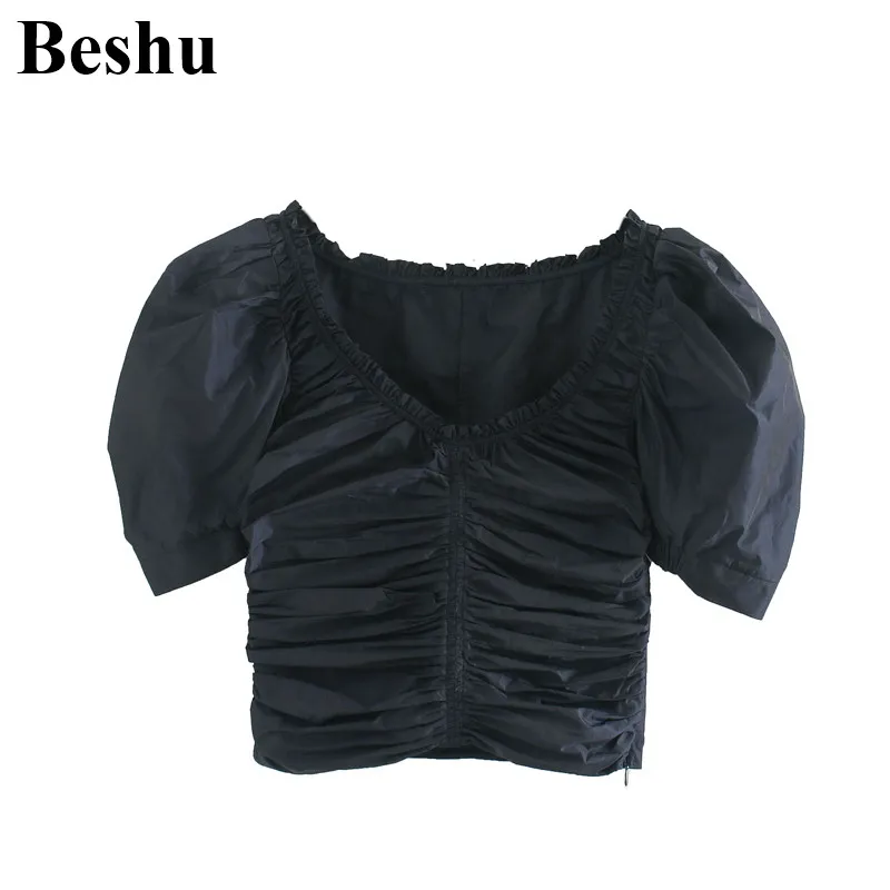 

za 2020 fashion blouse women black square collar fold side zipper sexy chic short blouse female puff sleeve vintage blusas mujer