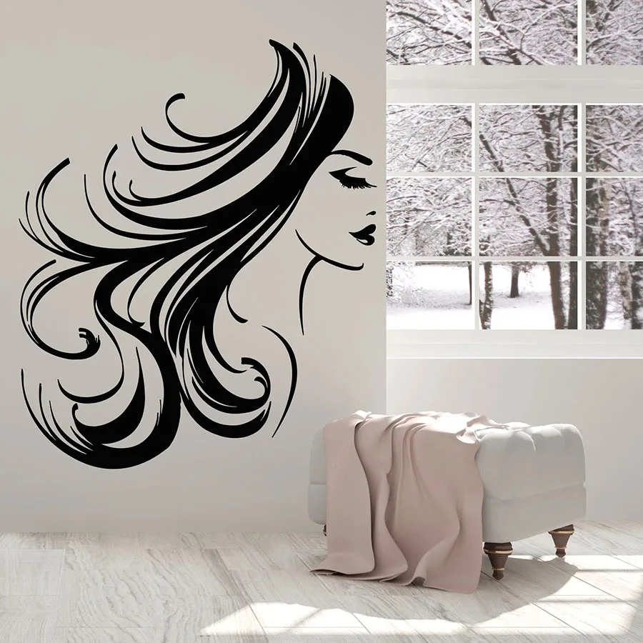 

Girl Face Wall Decal Woman Long Hair Hairstyle Makeup Room Beauty Salon Interior Decor Vinyl Window Stickers Bedroom Mural C034