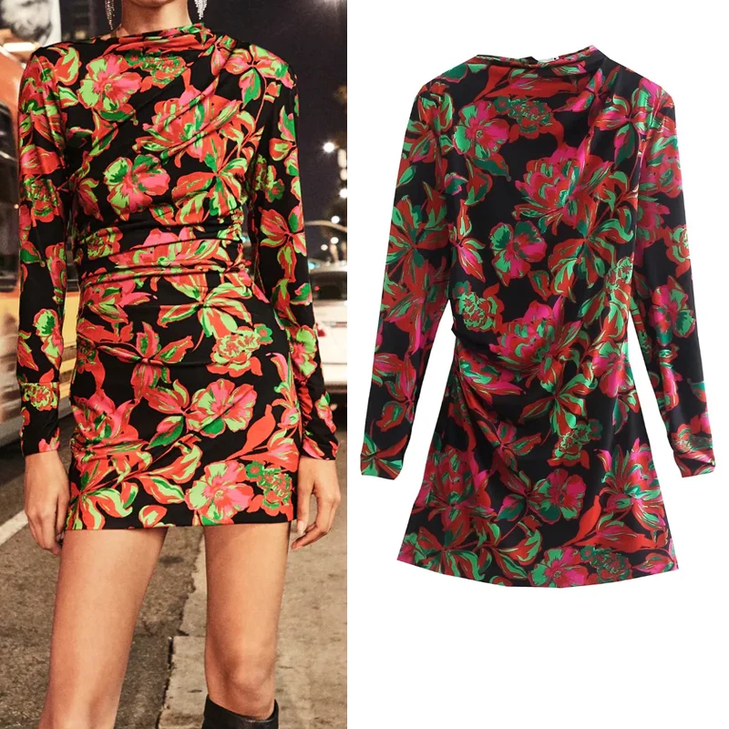 

Za Dress 2021 Vintage Floral Dress Woman Ruched Short Party Dresses Women Autumn Long Sleeve Bodycon Mini Elegant Dresses