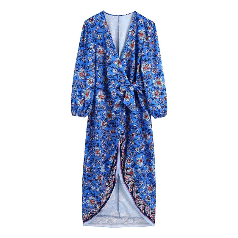 

Chiffon Wrap Evening Dress Summer New Floral Print Bohemian Style Ruffle V-Neck Long Sleeve Casual Slim Thin High Waist Dresses