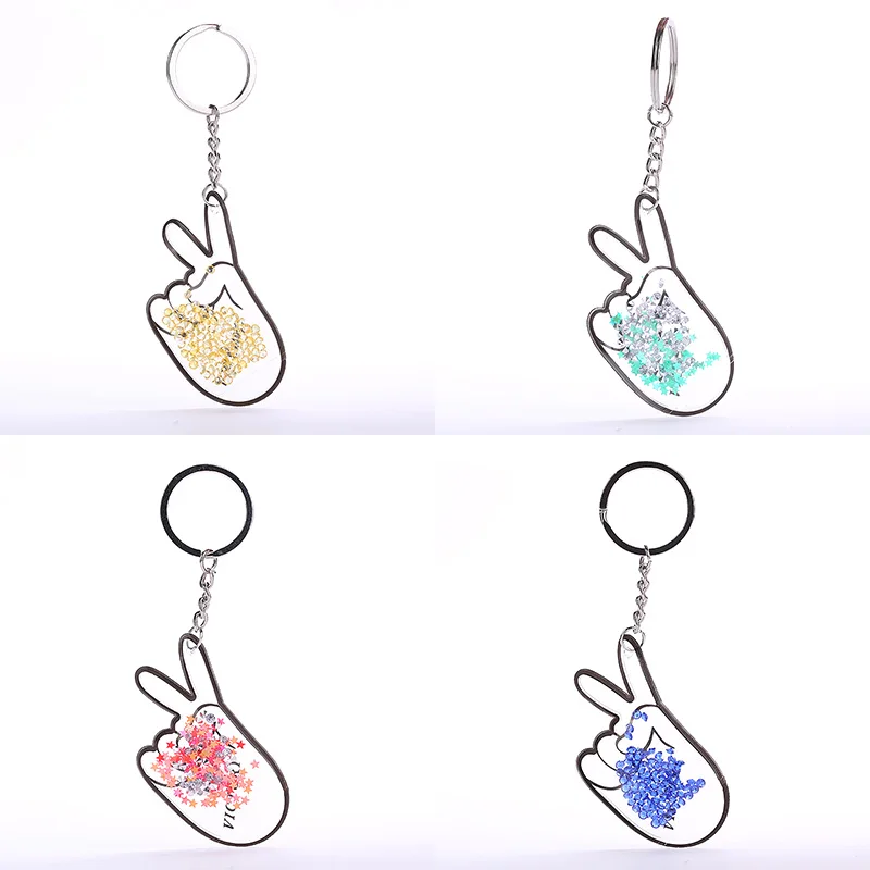 

New Summer Victory Gesture Keychain Charm Fashion Sequin Star Keyring Pendant Unisex Handbag Key Chain Jewelry Gifts Accessories