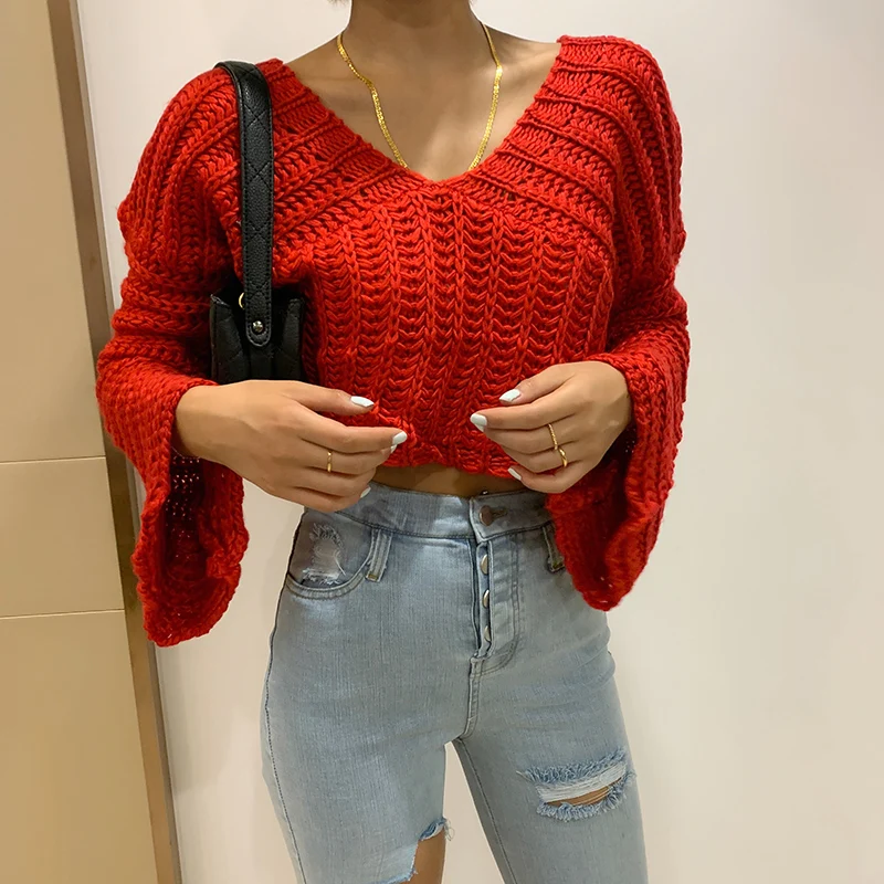 2019 Time-limited Promotion Acrylic Full Pullover Sweater Women Poncho Sexy V-neck Line Trumpet Sleeve Knitted | Женская одежда