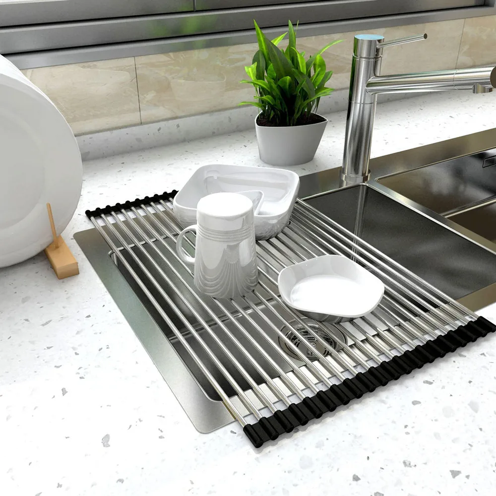 

Roll Up Dish Drying Rack Drainer Shelf Foldable Dish Drainer Over Sink Kitchen Organizer Fruit Mat Portable Storage Shelf Holder