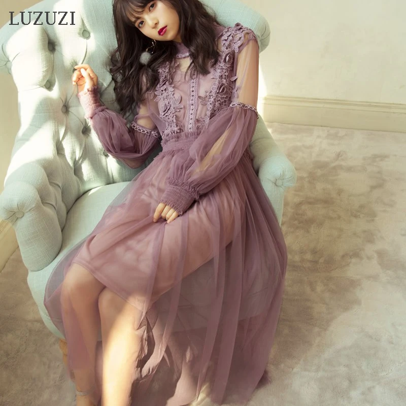 LUZUZI женское кружевное платье с цветочным рисунком Сетчатое летнее рукав фонарик вуаль длинное винтажный