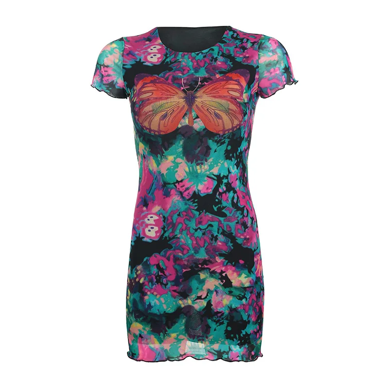 

Summer European New Fashion Butterfly Mesh Double Layer Lined Short Sleeve Hip Sexy Dress Women Casual Sheath O-Neck