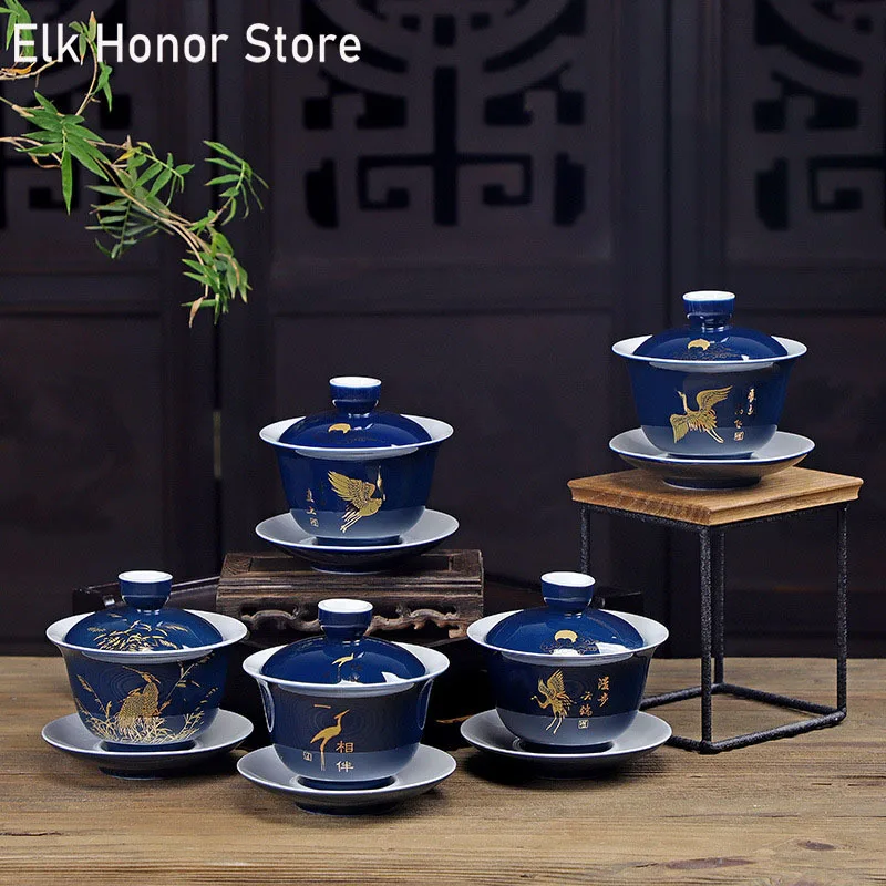 

180ml Chinese Kung Fu Tea Set Teacup Ceramic Gaiwan Glaze Blue Tea Bowl Saucer Teapot Crane Pattern Teaware Drinkware As Gift