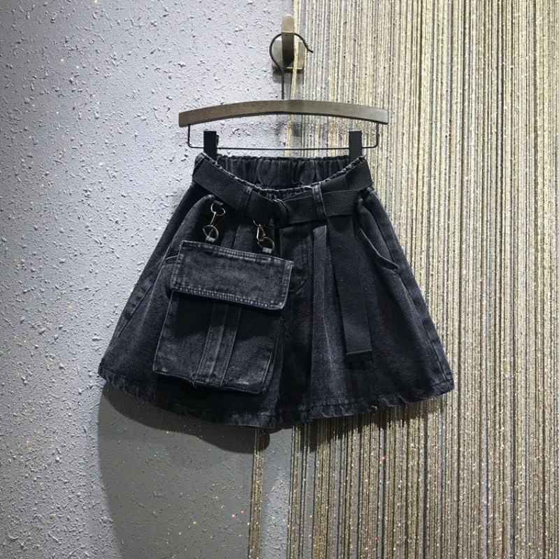 

Plus Size 5XL Summer Elastic High Waist with Belt Casual Loose Denim Shorts Women Black Jean Large Pockets Boots Shorts Femme