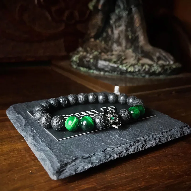 Mens Jewellery Wolf Bracelet Bracelets For Men Green Tiger Stone Armband Lava Stone Friendship Gifts Women Handmade Beads Charm