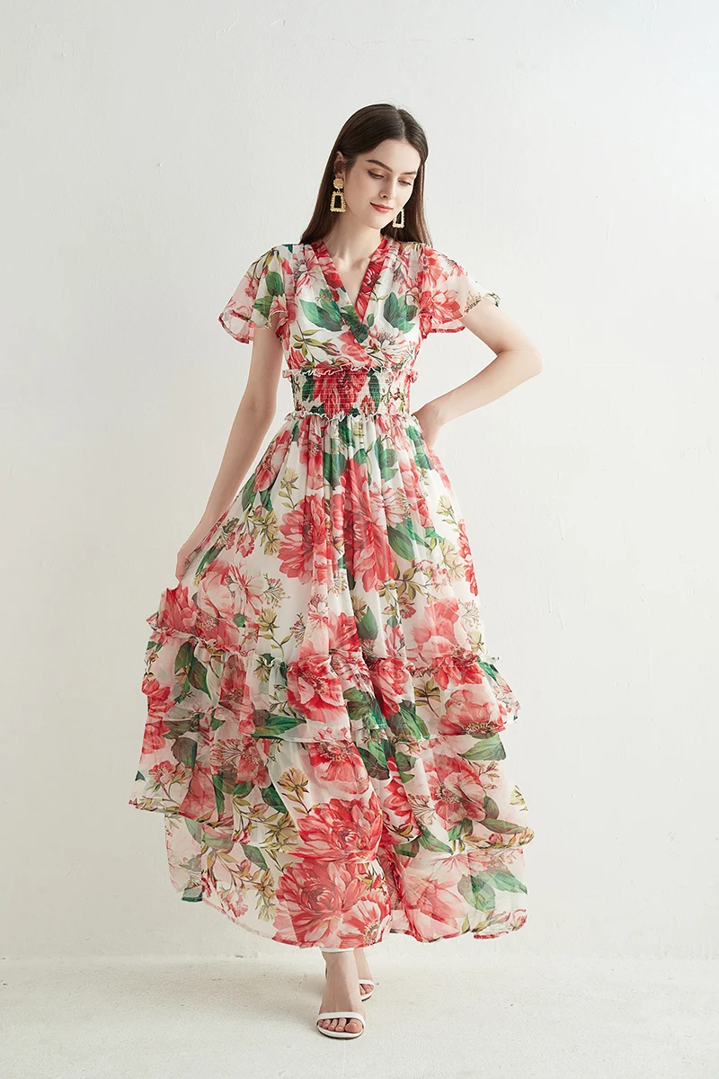 

Sophony Runway Designer Summer Boho Maxi Dress Women's Sexy V-Neck Sleeveless Elastic Waist Flower Print Party Long Dress S7387