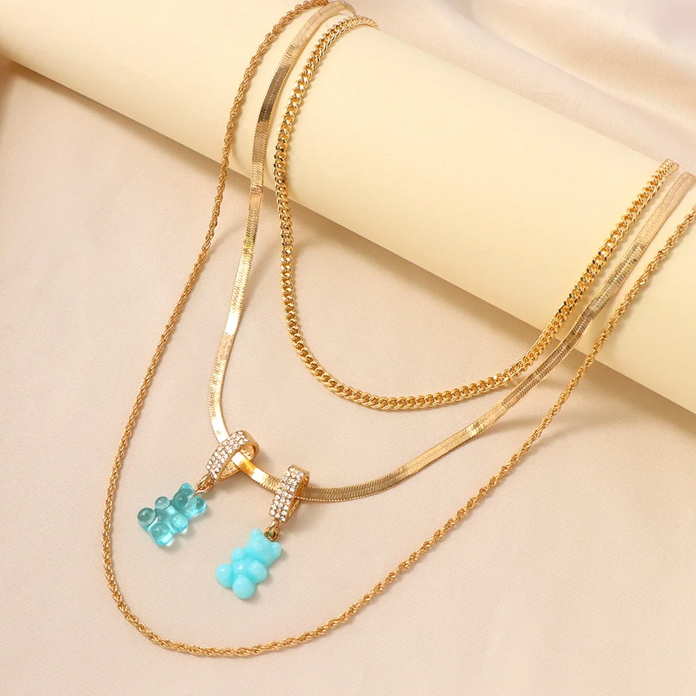 

Layered Gummy Bear Pendant Necklace For Women Gold Color Snake Choker Link Chain Necklace Set Femme Temperament Party Jewelry