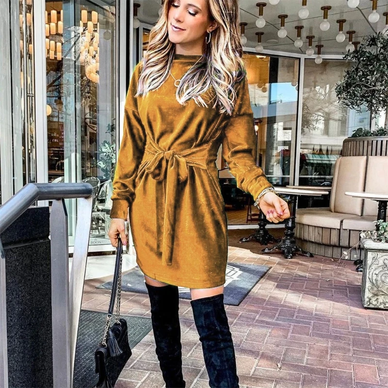 

Women Velvet Long Sleeve O-Neck Solid Color Tie Waist Elegant Evening Midi Dress BX0B