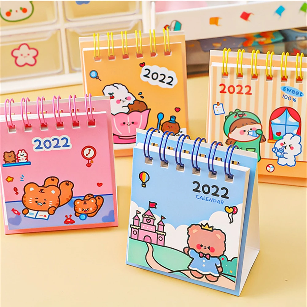 

2022 Cute Mini Calendar Book Creative Cartoon Desktop Self Standing Flip Kawaii Calendar for School Home Office Schedule Planner